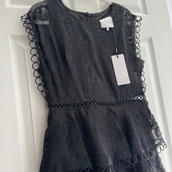 E D I T Black Embroidered Ruffled Coctail Dress Size 14 - Picture 9 of 9